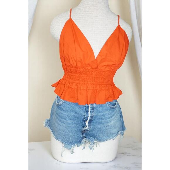 Orange Ruffle Hem Smocked Crop Top | Adjustable Spaghetti Straps | Size S - Picture 1 of 8